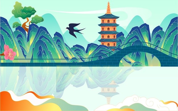 中国风山川燕子塔湖景西湖国潮风景插画