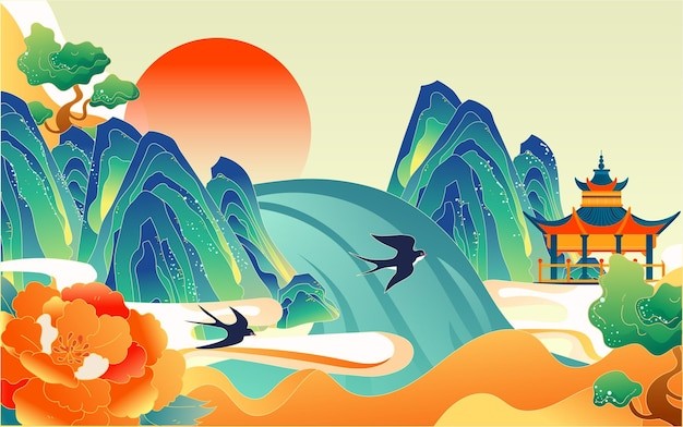 中国风山川燕子国潮风景插画