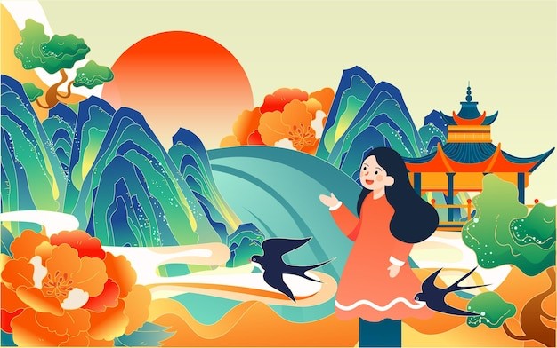 中国风山川燕子春游国潮风景插画