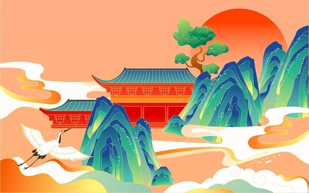 中国风山川建筑国潮风景插画
