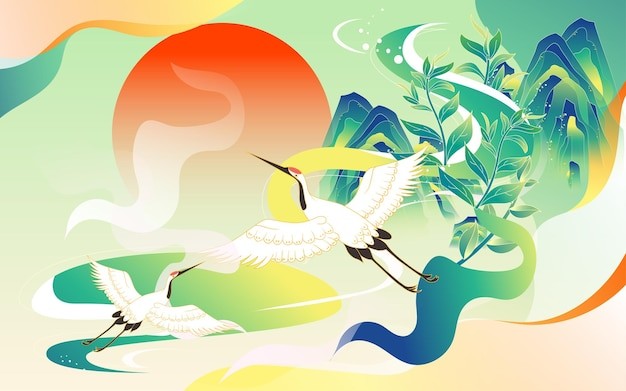 中国风山川仙鹤清明国潮风景插画