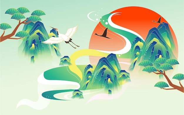 中国风山川仙鹤清明国潮风景插画