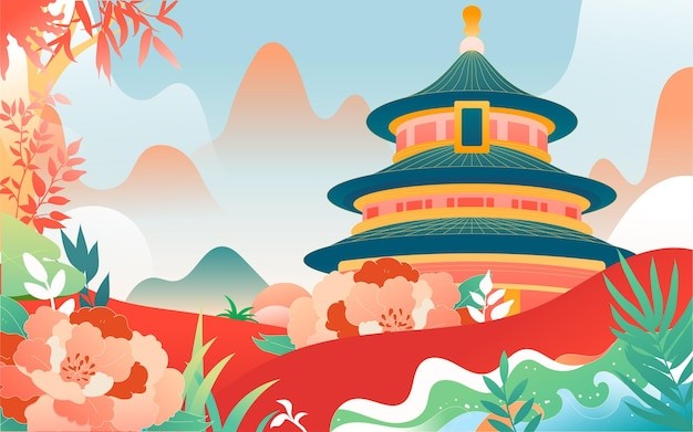 中国风天坛国潮风景插画