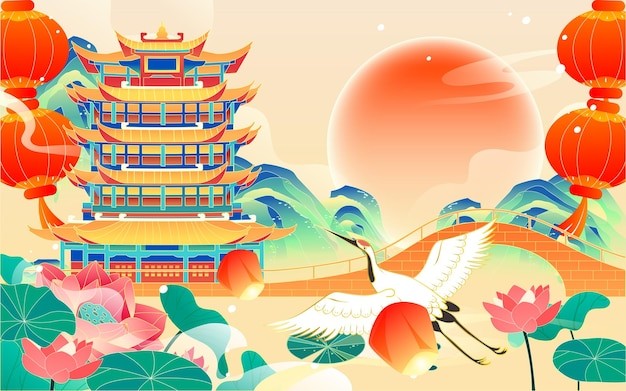 中国风黄鹤楼国潮风景插画
