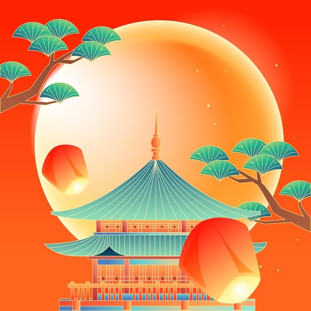 中国风中秋节中式建筑国潮风景插画