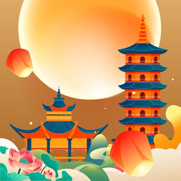 中国风中秋节中式建筑国潮风景插画