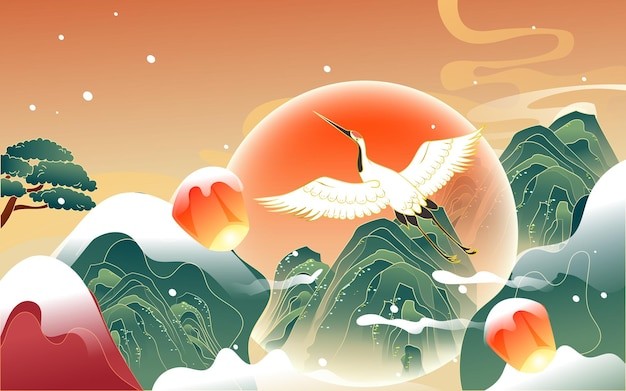 中国风冬季山川仙鹤国潮风景插画