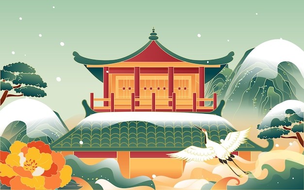 中国风冬季中式建筑国潮风景插画