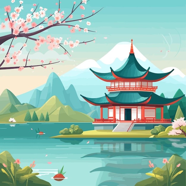 中国风中式建筑湖景亭子国潮风景插画