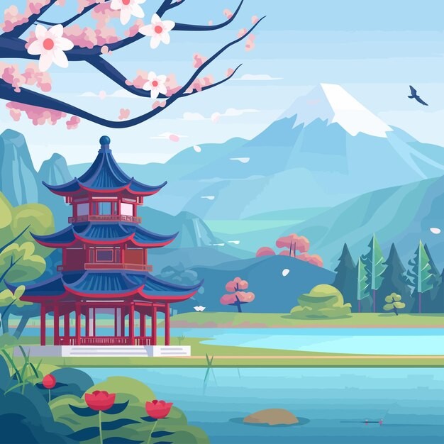 中国风中式建筑湖景亭子国潮风景插画