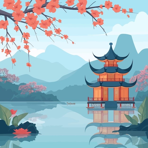 中国风中式建筑湖景亭子国潮风景插画