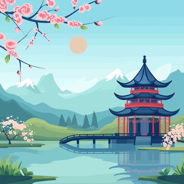 中国风中式建筑湖景亭子国潮风景插画