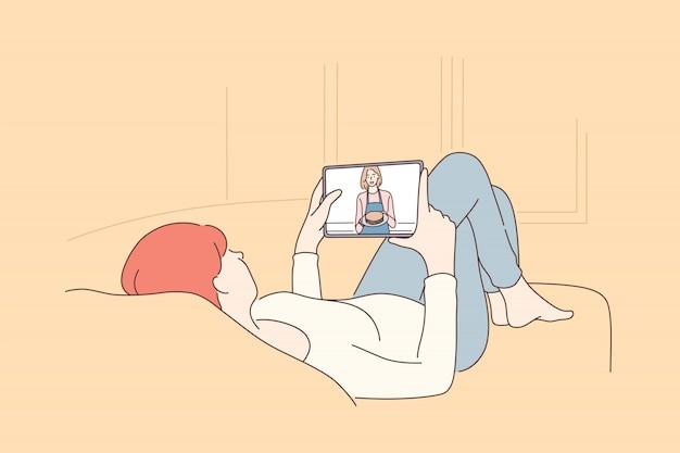 看视频放松休息的女孩插画