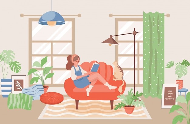 室内客厅看书放松休息的女孩插画