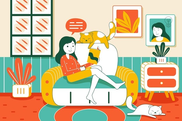 室内沙发上看书放松休息的女孩插画