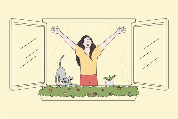 窗前放松休息的女孩插画