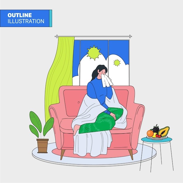 感冒休息的女孩插画