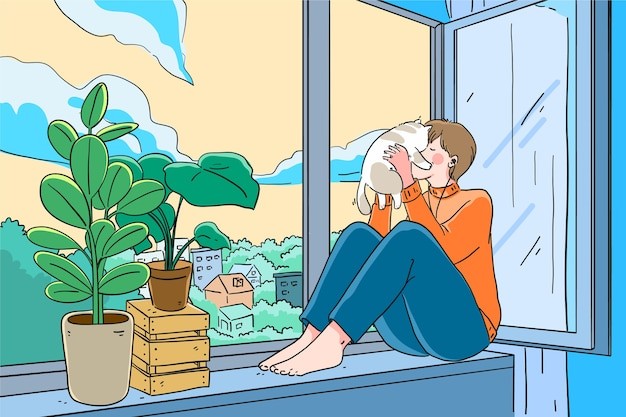 窗台上和猫玩耍的女孩插画