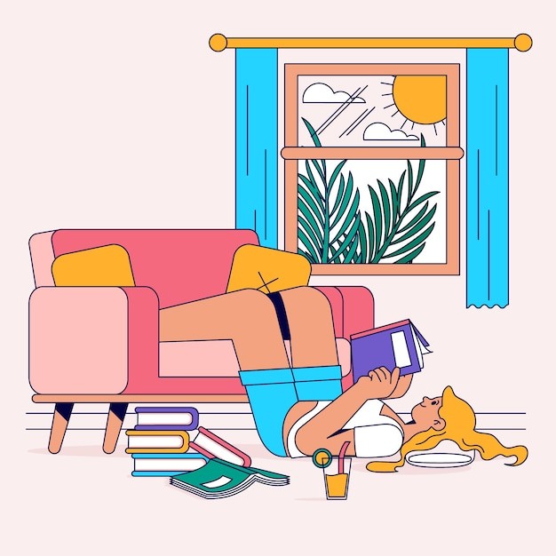 室内沙发放松休息的女孩插画