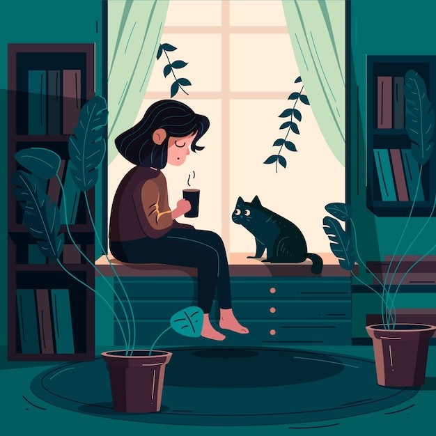 窗台上放松休息的女孩插画