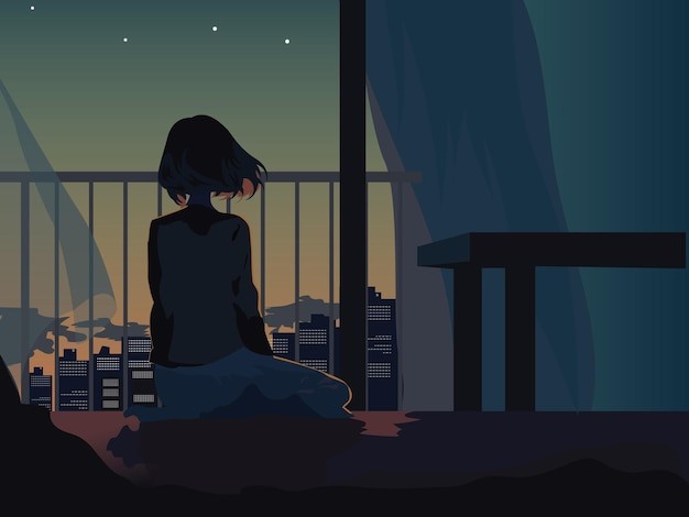 坐在窗台上的女孩背影插画