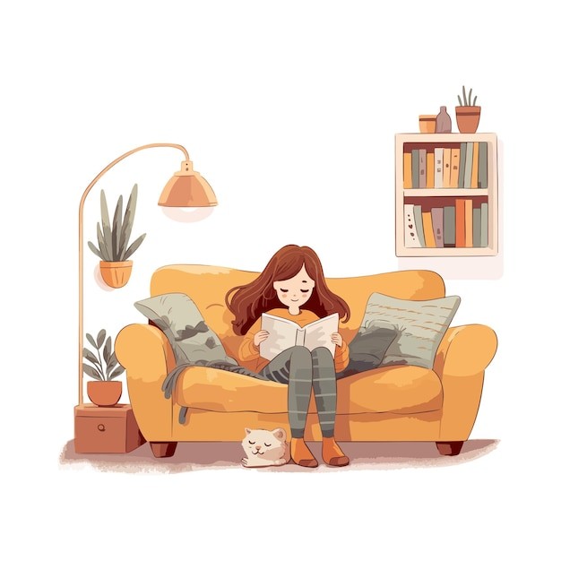 坐在沙发上看书放松休息的女孩插画