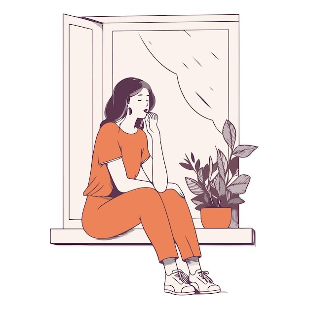 坐在窗台上放松休息的女孩插画