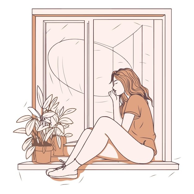 坐在窗台上放松休息的女孩插画