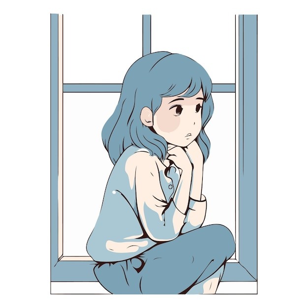 坐在窗台上的女孩插画