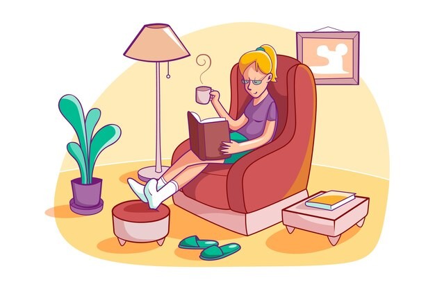 坐在沙发上看书放松休息的女孩插画