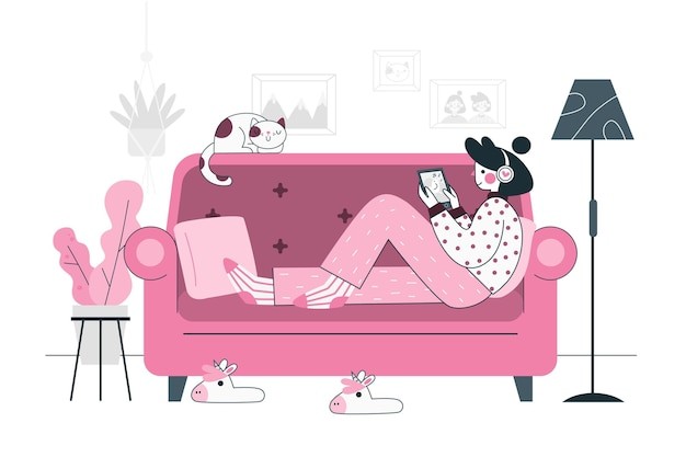 坐在沙发上放松休息的女孩插画