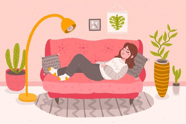 睡在沙发上放松休息的女孩插画