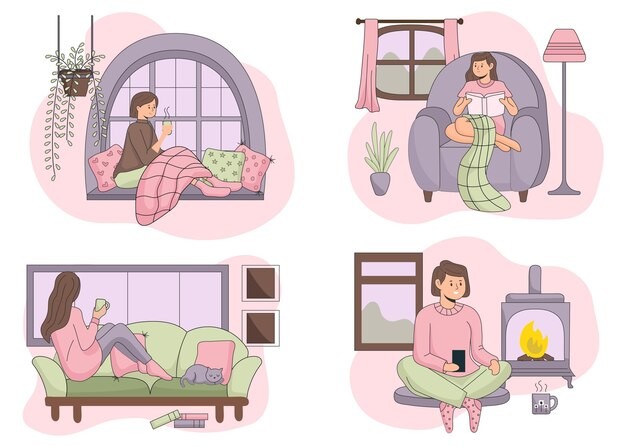 坐在沙发上窗台上放松休息的女孩插画