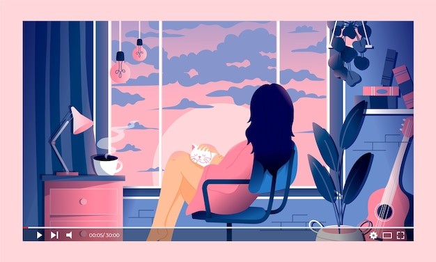 坐在椅子上看向窗外放松休息的女孩插画