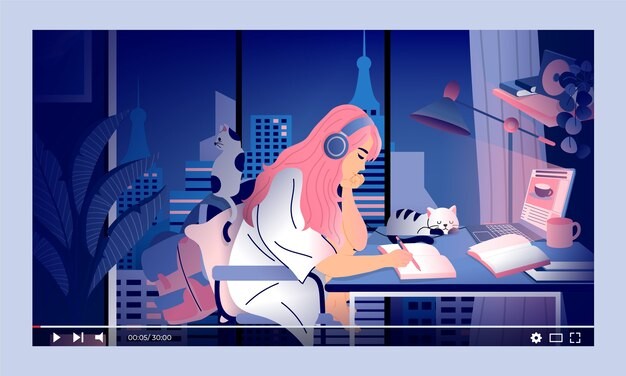 坐在桌子前学习的女孩插画