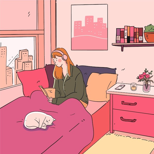 坐在床上放松休息的女孩插画