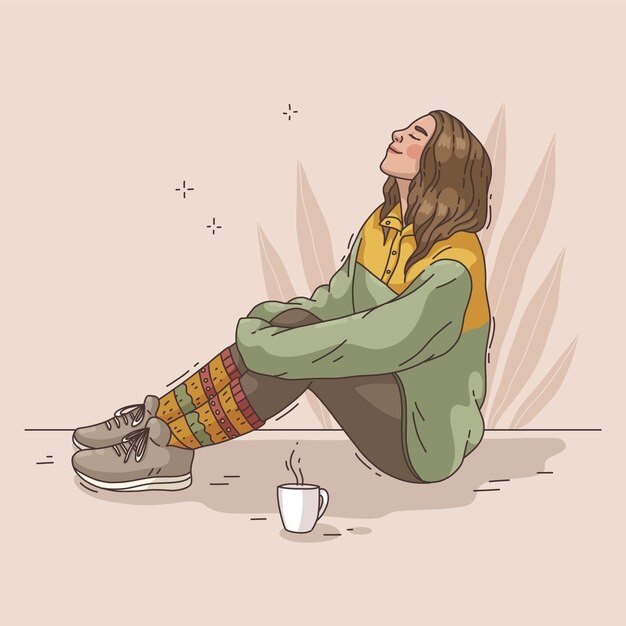 坐在地上放松休息的女孩插画