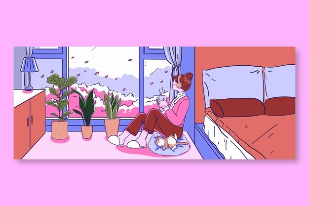 坐在窗前放松休息的女孩插画