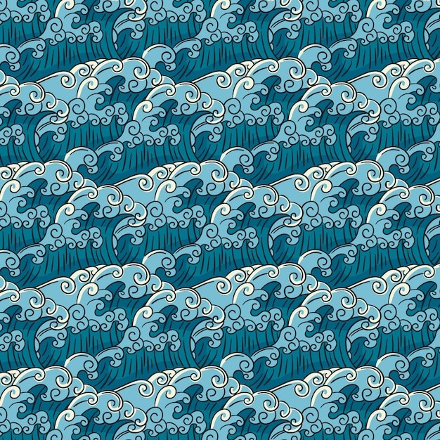 手绘日式海浪波浪花纹