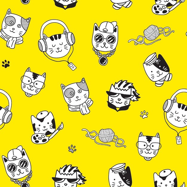 无缝可爱猫咪插画花纹背景