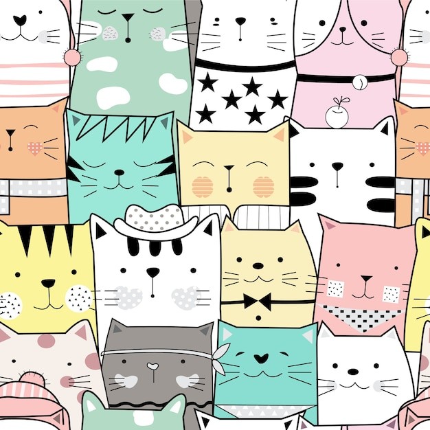 无缝可爱猫咪插画花纹背景