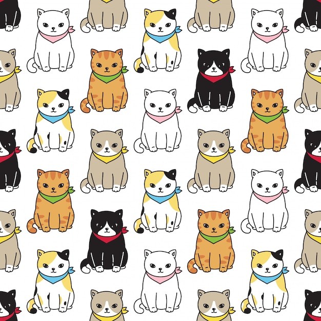 无缝可爱猫咪插画花纹背景
