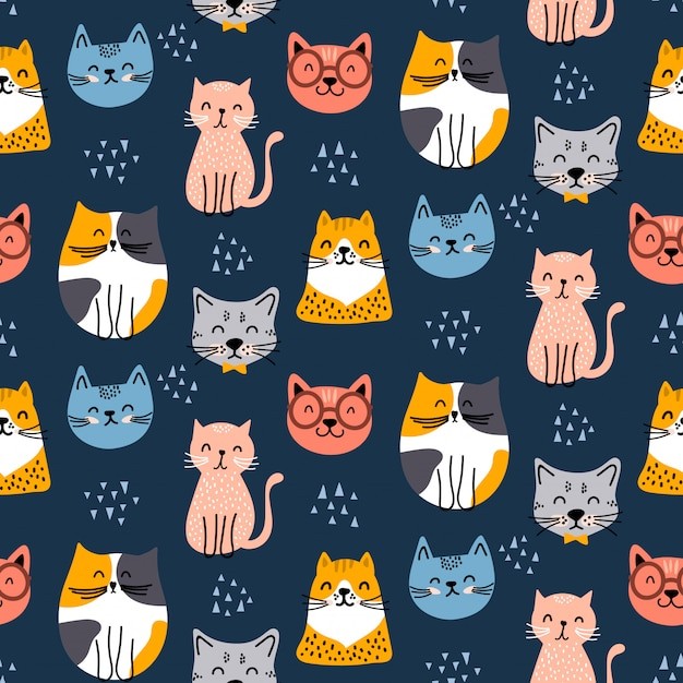 无缝可爱猫咪插画花纹背景