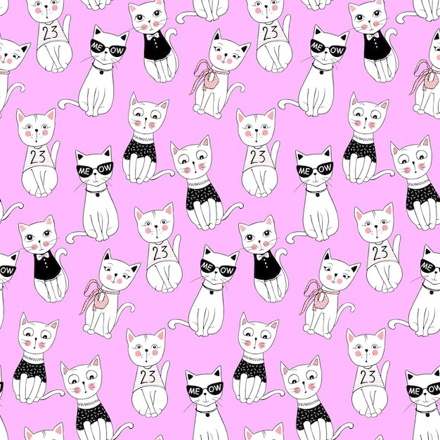 无缝可爱猫咪插画花纹背景