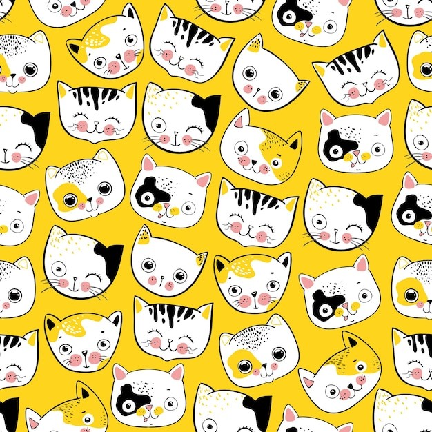 无缝可爱猫咪插画花纹背景