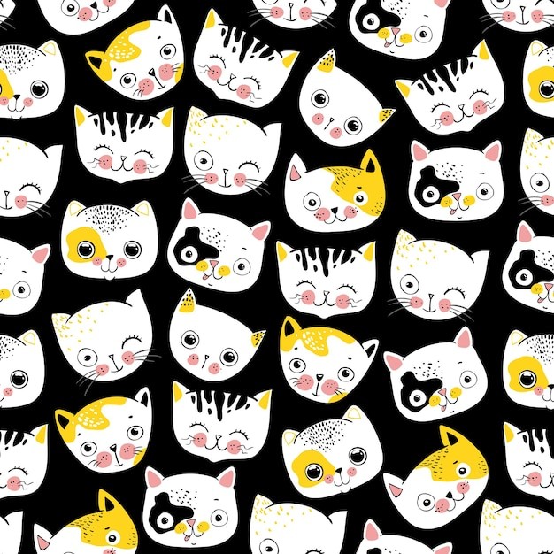 无缝可爱猫咪插画花纹背景