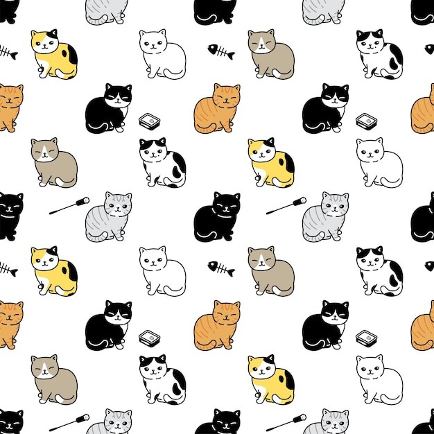 无缝可爱猫咪插画花纹背景