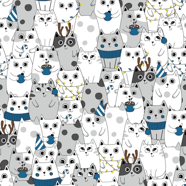 无缝可爱猫咪插画花纹背景
