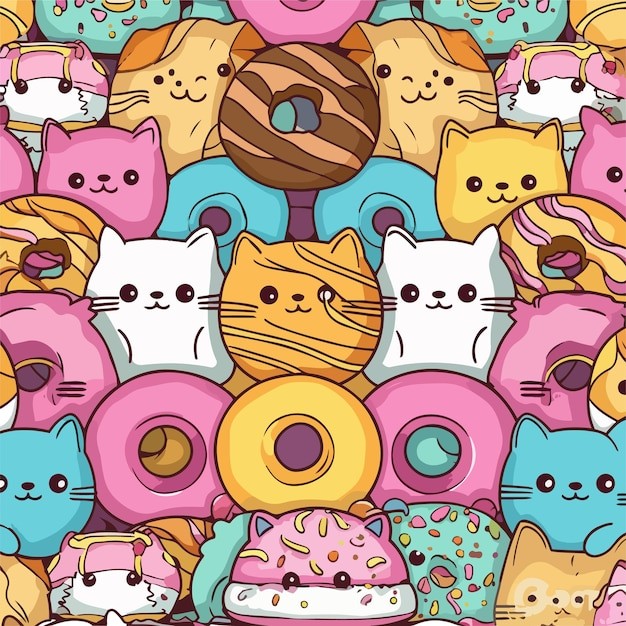 无缝可爱猫咪插画花纹背景