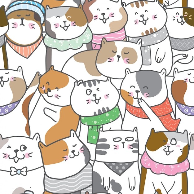 无缝可爱猫咪插画花纹背景